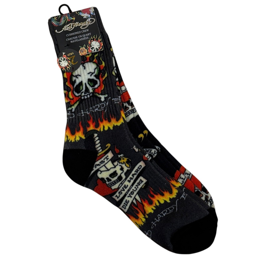 Ed Hardy Crew Socks Men‎ One Size Black New 2 Pair Skull Flame Tattoo Graphic